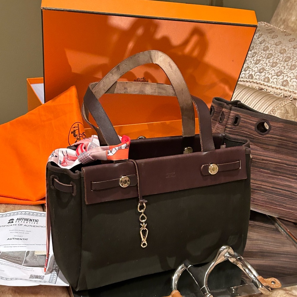 Hermes Vintage Brown Vibrato Herbag Cabas PM
Tote 2 n 1 Bag w/COA  Full Inc.RARE